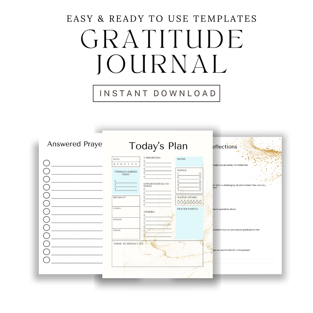 Gratitude journal templates with sections for answered prayers, today's plan, and reflections on a white background.