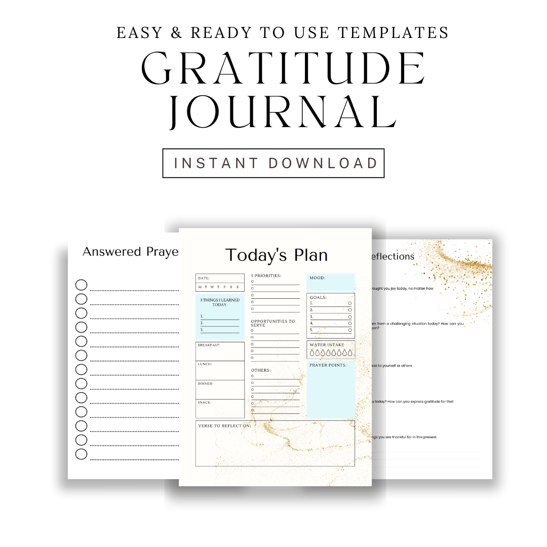 Gratitude journal templates with sections for answered prayers, today's plan, and reflections on a white background.