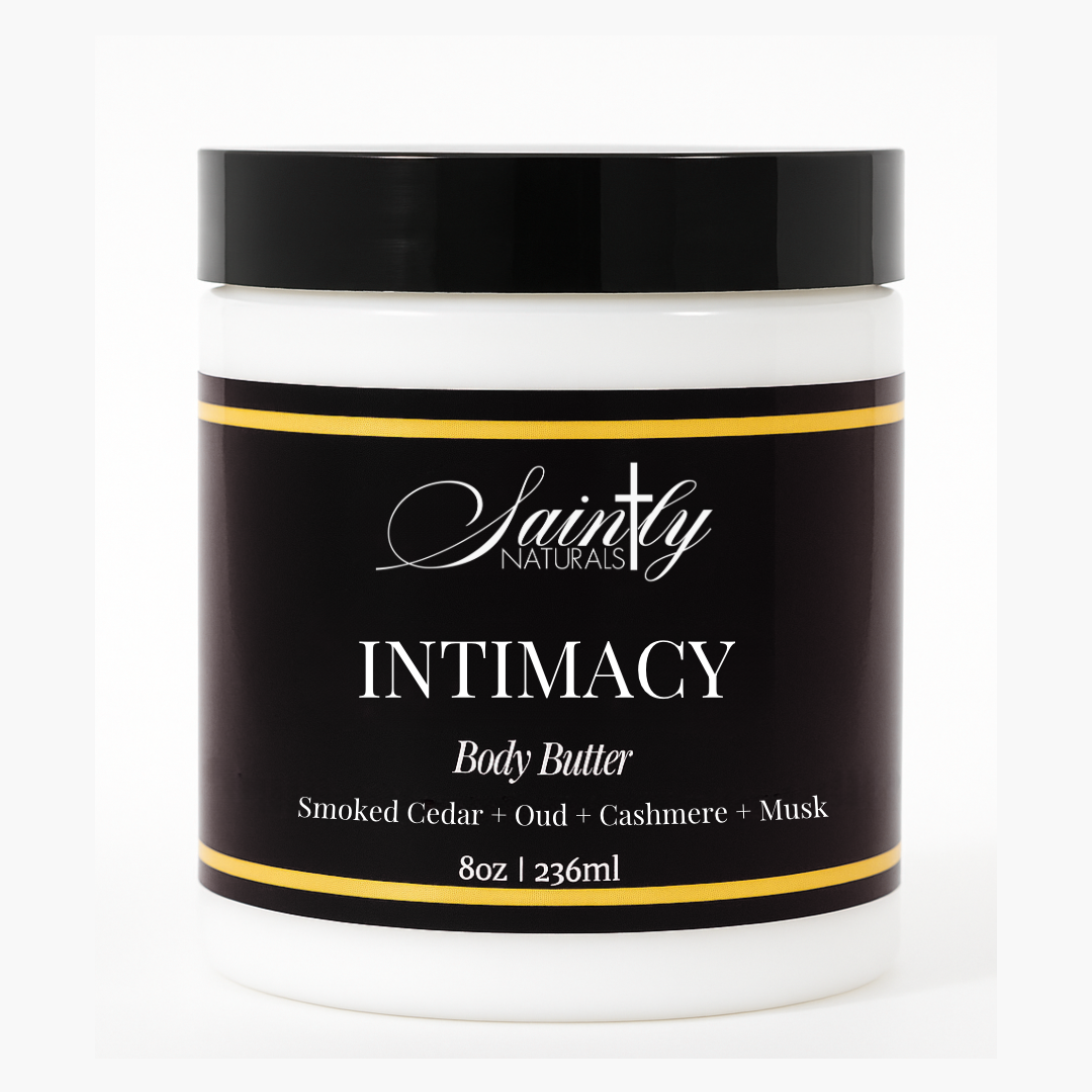 Jar of 'Intimacy' body butter by Saintly Naturals on a white background