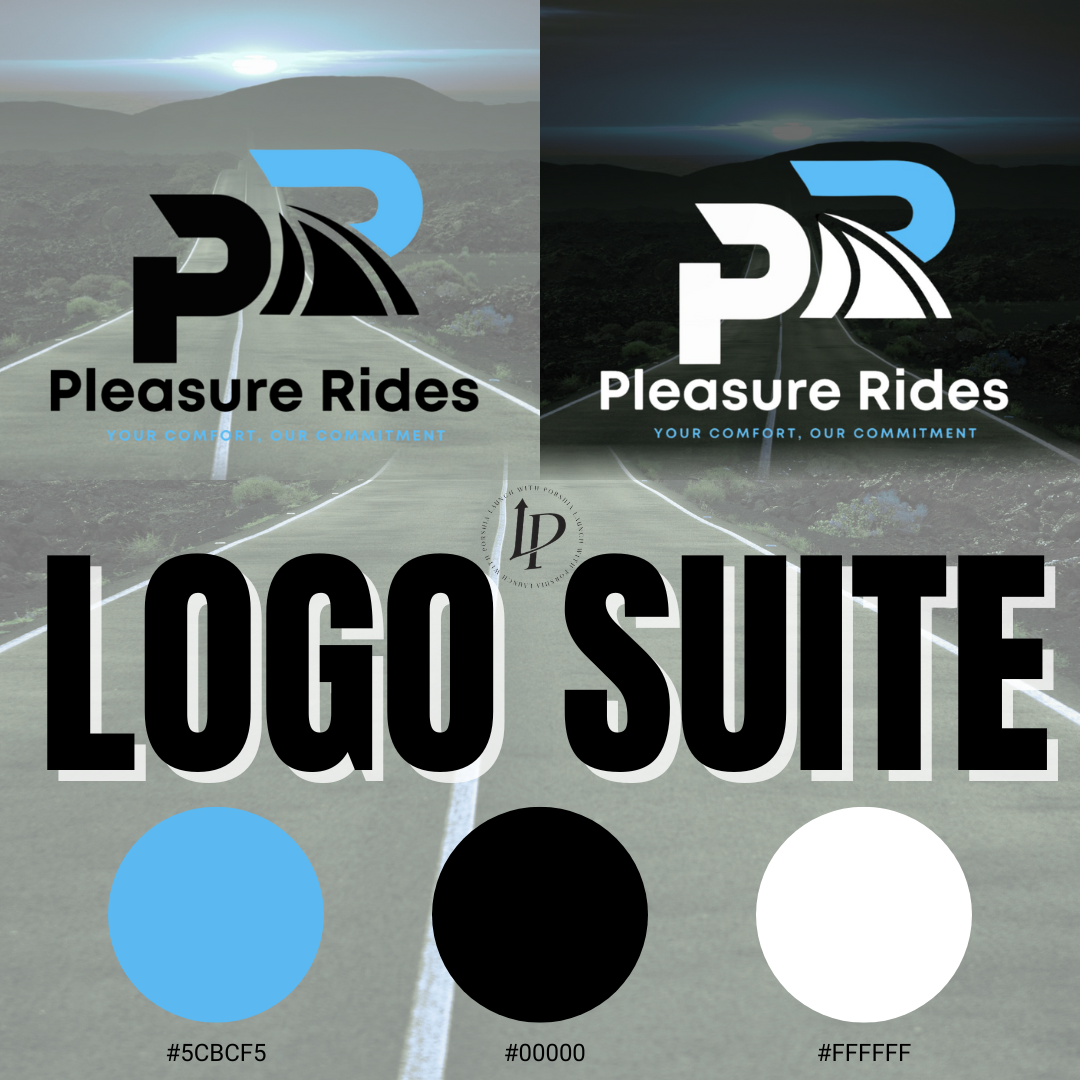 Pleasure Rides logo suite with road and mountain background