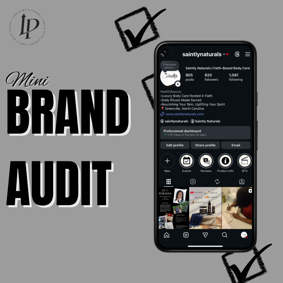 Phone screen displaying a brand's social media profile with text 'Mini Brand Audit' on a gray background.