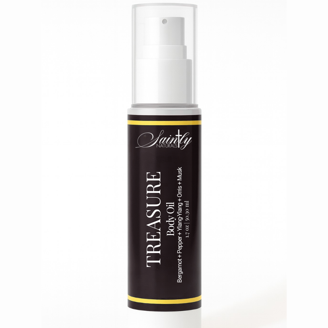 Black spray bottle labeled 'Treasure' on a white background