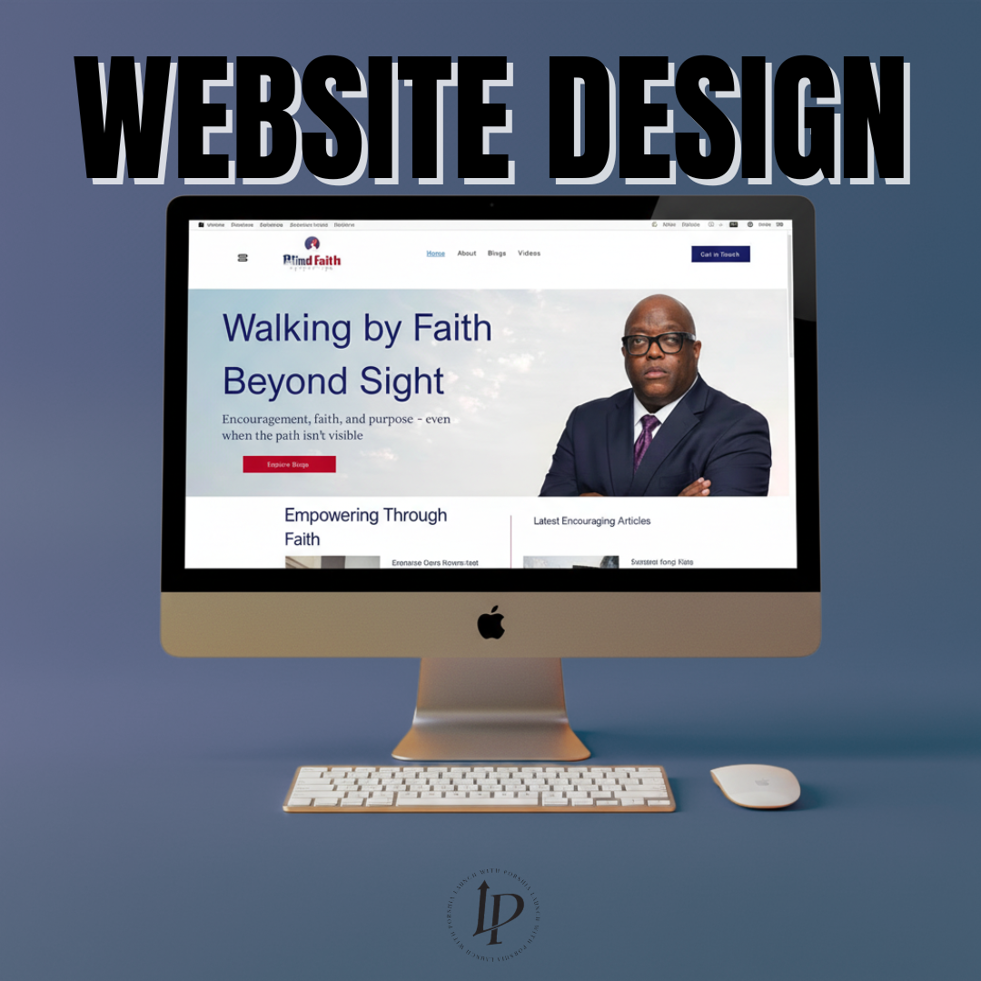 Computer monitor displaying a website with a man in a suit, on a blue background with 'Website Design' text.