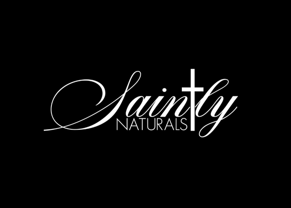 Logo of 'Sainly Naturals' with a cross on a black background