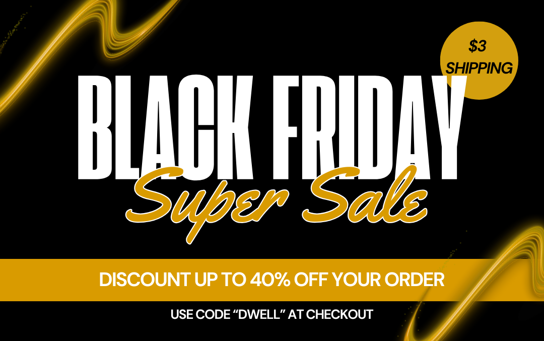 Black Friday Super Sale advertisement with text and shipping information on a black background.