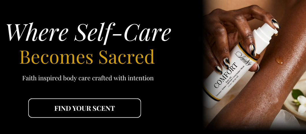 Advertisement for a body care product with text 'Where Self-Care Becomes Sacred' and a hand holding a body Oil.